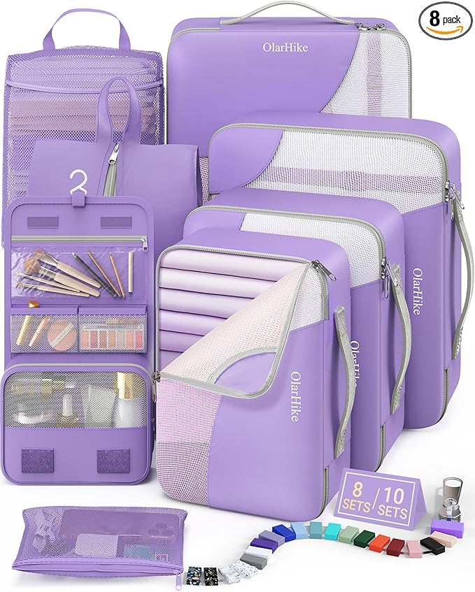 8 Set Packing Cubes for Travel, Gifts for Women Mom,Anti-Tearing Suitcase Organizer for Luggage with Shoe & Hanging Toiletry Bag,OlarHike Vacation Essentials & Accessories for Cruise Ship,Purple