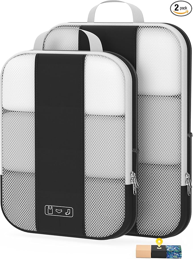 2 Set Compression Packing Cubes for Travel Essentials,Compressible Expandable Packing Cubes for Suitcase,OlarHike Luggage Organizer Bags,Handy Helper for Organizing Clothes(Black) - aborderproducts