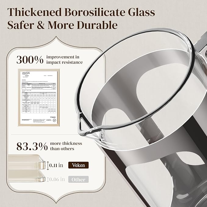 Veken French Press Coffee Maker 34oz 1 L, Heat Resistant Thickened Borosilicate Glass, No Plastic Touching Cafe, Stainless Steel Brewer,Cold Brew Cafetera Teapot for Kitchen Travel Camping,Dark Pewter - aborderproducts