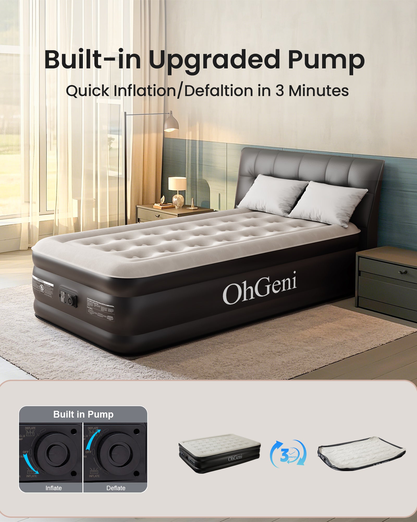 OhGeni | Air Mattress | 18" | Twin | Black - aborderproducts