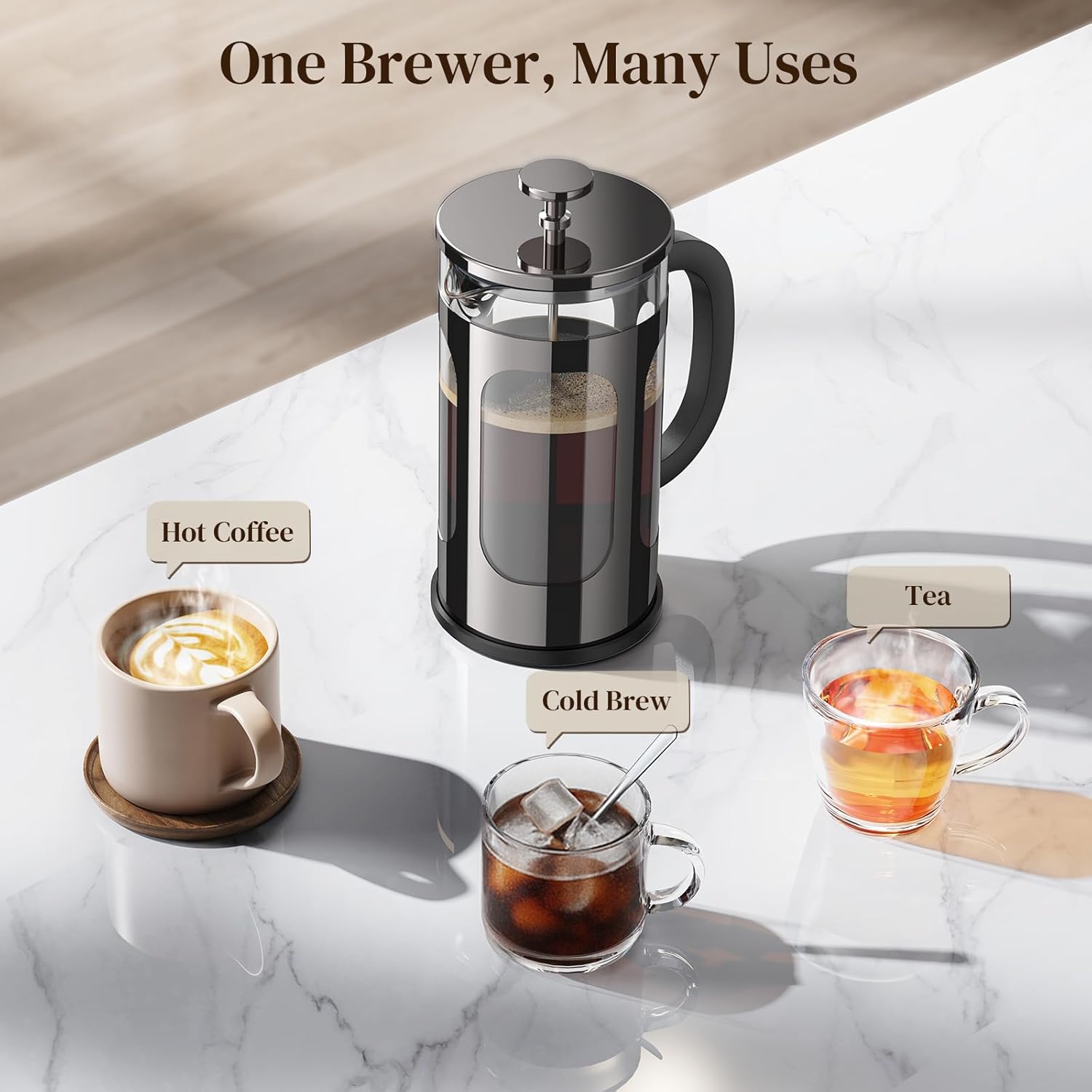 Veken French Press Coffee Maker 34oz 1 L, Heat Resistant Thickened Borosilicate Glass, No Plastic Touching Cafe, Stainless Steel Brewer,Cold Brew Cafetera Teapot for Kitchen Travel Camping,Dark Pewter - aborderproducts