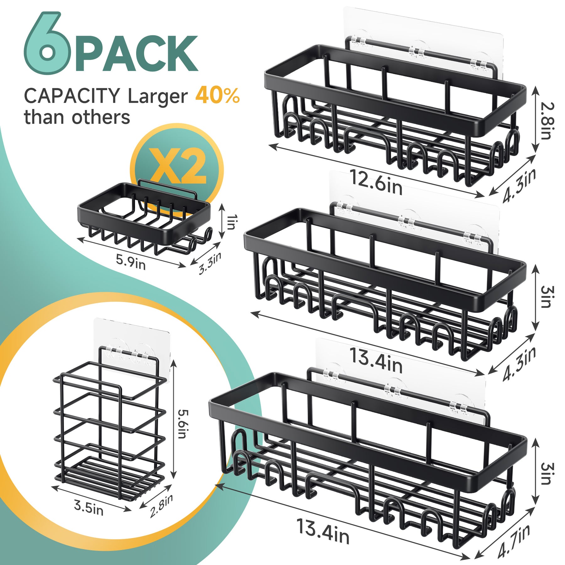 Veken | 6 Pack Stainless Steel Shower Caddy| Black | No Drilling &amp; Rustproof, Waterproof Adhesive Shelves Rack with Soap Holder, Large Capacity Bathroom Organizers and Storage, Wall-Mounted Kitchen Decor