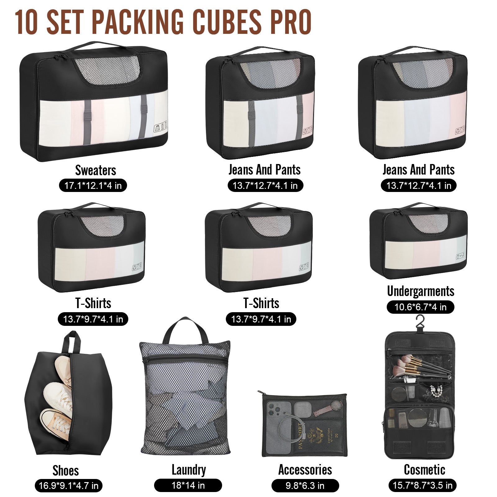 Veken | Packing Cubes | 10 Set | Black - aborderproducts