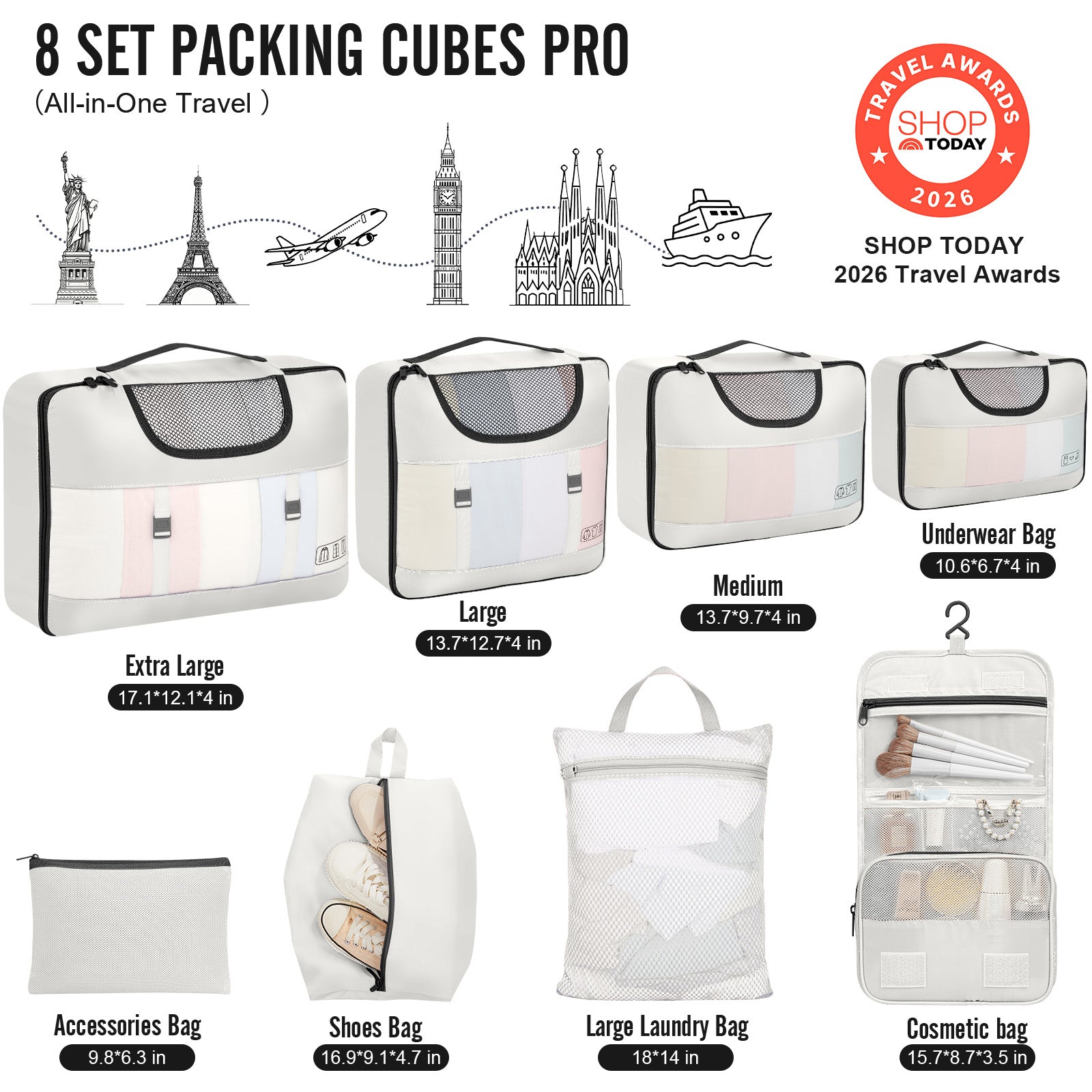 Veken 8 Set Packing Cubes for Travel Essential, Suitcase Organizer Bags in 4 Sizes, Carry-On Luggage Accessories with Large Laundry & Hanging Toiletry Bag, Must-Have for Airplane, Road Trip & Camping