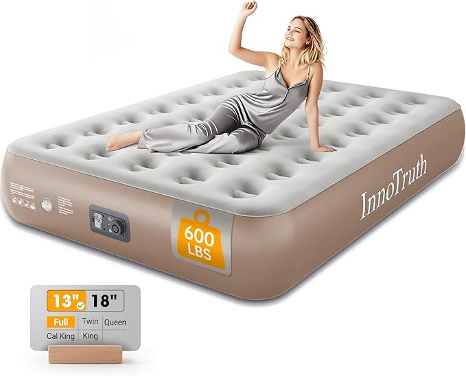 InnoTruth Camping Air Mattress, Full Size with Built in Pump, Inflatable Mattress Blow up Mattress, Family Choice Award Winner-13 Colchones Inflables Foldable Air Bed for Guest & Home, Light Brown