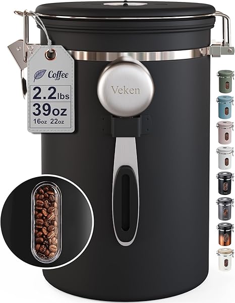 Veken Large Coffee Canister with Window, Kitchen Food Storage Airtight Stainless Steel Container for 2.2lbs Coffee Beans, Grounds, Rice,Tea, Flour, Cereal, Sugar Jars,Date Tracker and Scoop 39oz,Black