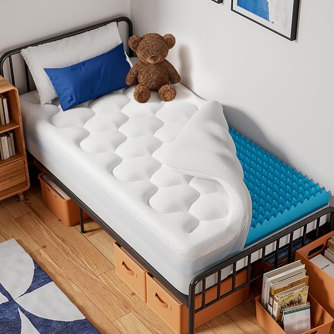 OhGeni Cooling 5 Inch Twin Size Dual Layer Mattress Topper, 3 Inch Gel Memory Foam, 2 Inch Soft Pillow Top Pad, Washable Bedroom Cover for Kids Mattresses, Extra Comfortable Sleep and Back Pain Relief - aborderproducts