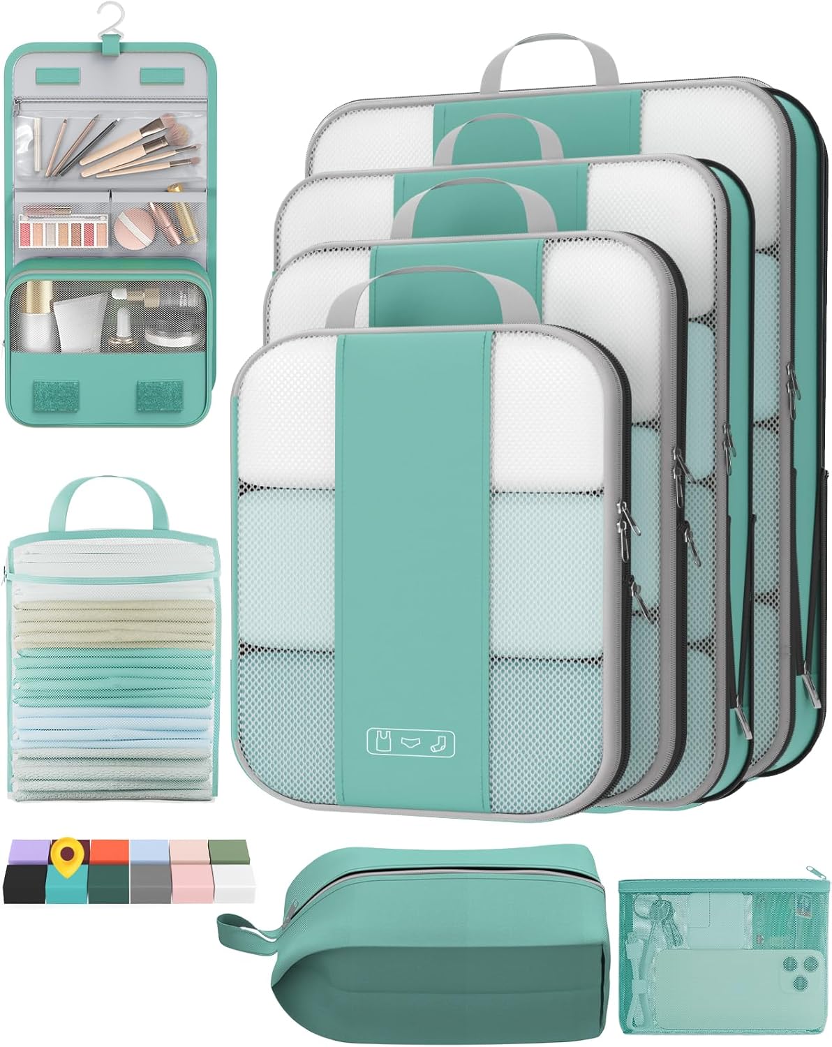8-Piece Set Compression Packing Cubes (New Blue Green）