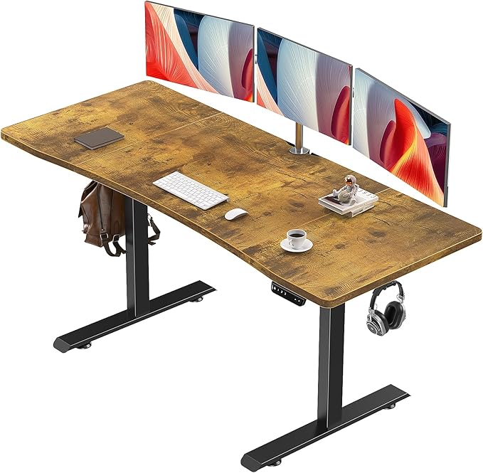 Veken 63 Inch Electric Standing Desk, Sit to Stand Up, Work Home Office Computer Table for Study, Walking Pad, Writing, and Games, Wooden Desktop Desks, Brown - aborderproducts