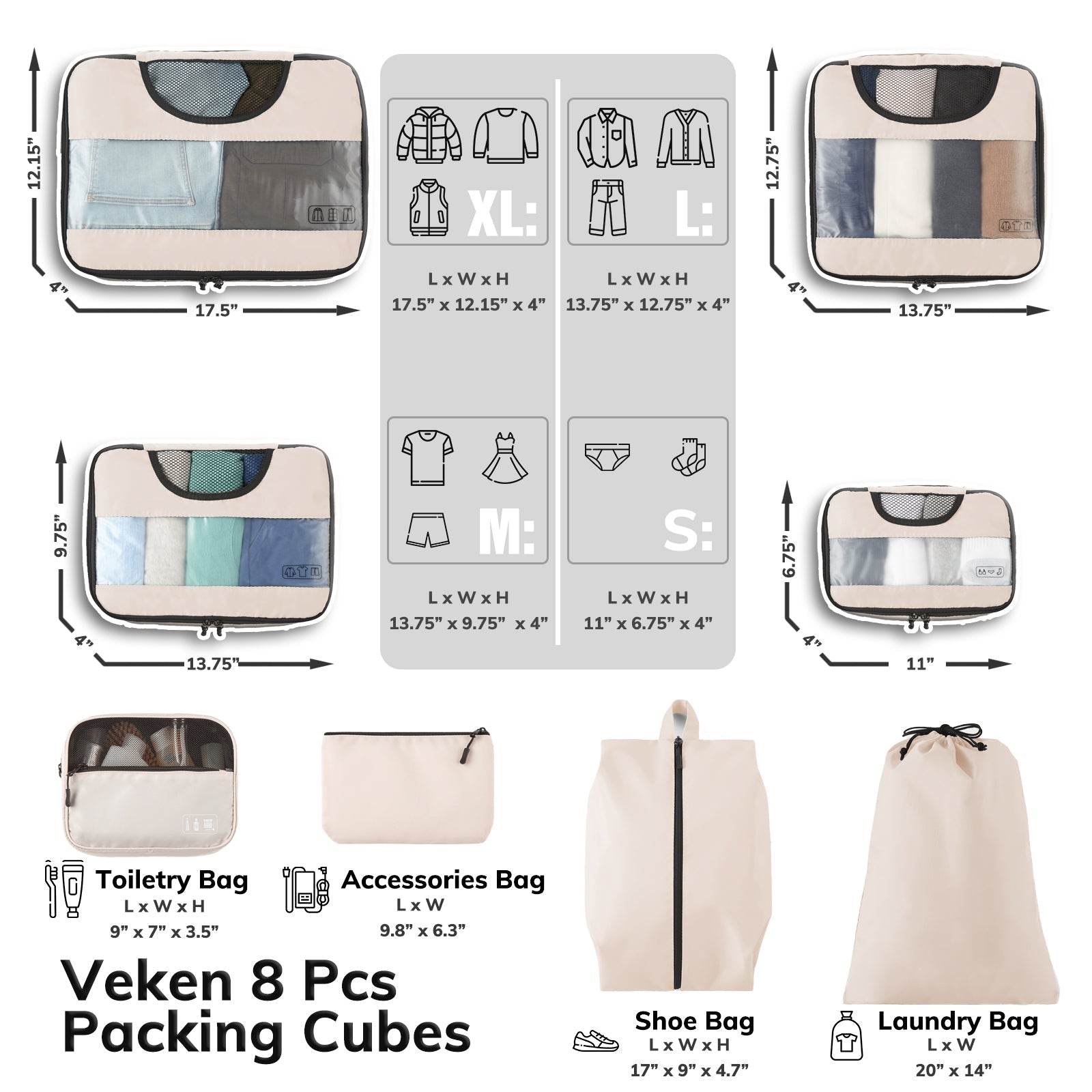 Packing Cubes | 8 Set | Cream | Veken - aborderproducts