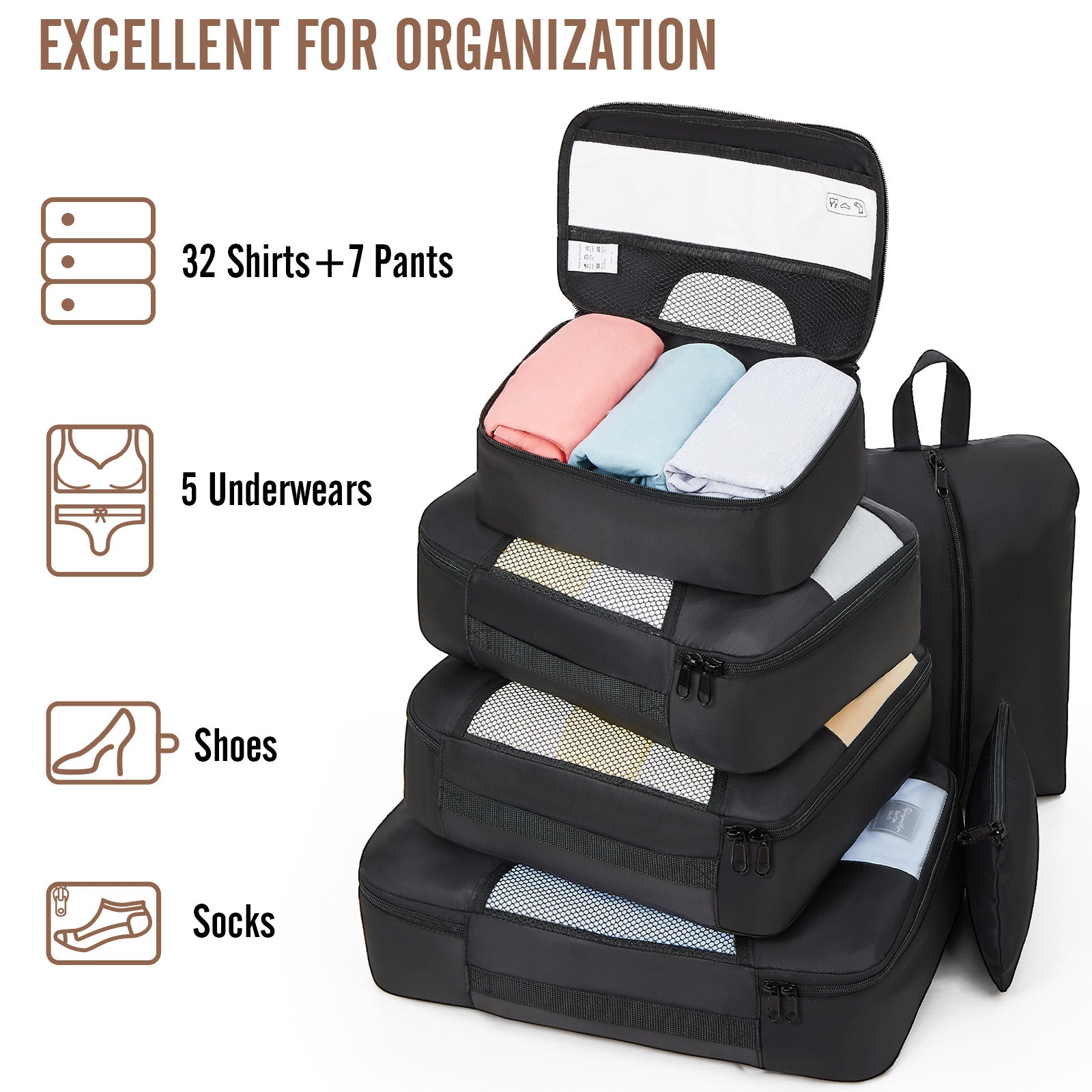 Veken | Packing Cubes | 8 Set | Black - aborderproducts