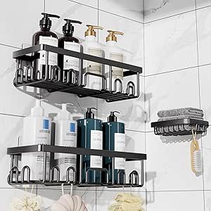 Veken Rustproof & Waterproof Shower Caddy 3-Pack, No Drilling Adhesive Shelves Rack with Soap Holder, Large Capacity Bathroom Organizers and Storage, Wall-Mounted Kitchen & Home Decor, Black - aborderproducts