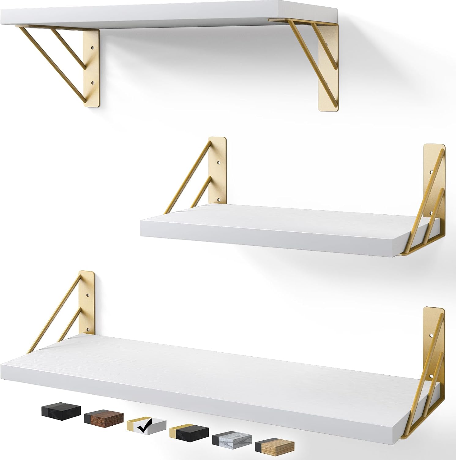 BAYKA | Floating Shelves | Set of 3 | White and Gold - aborderproducts