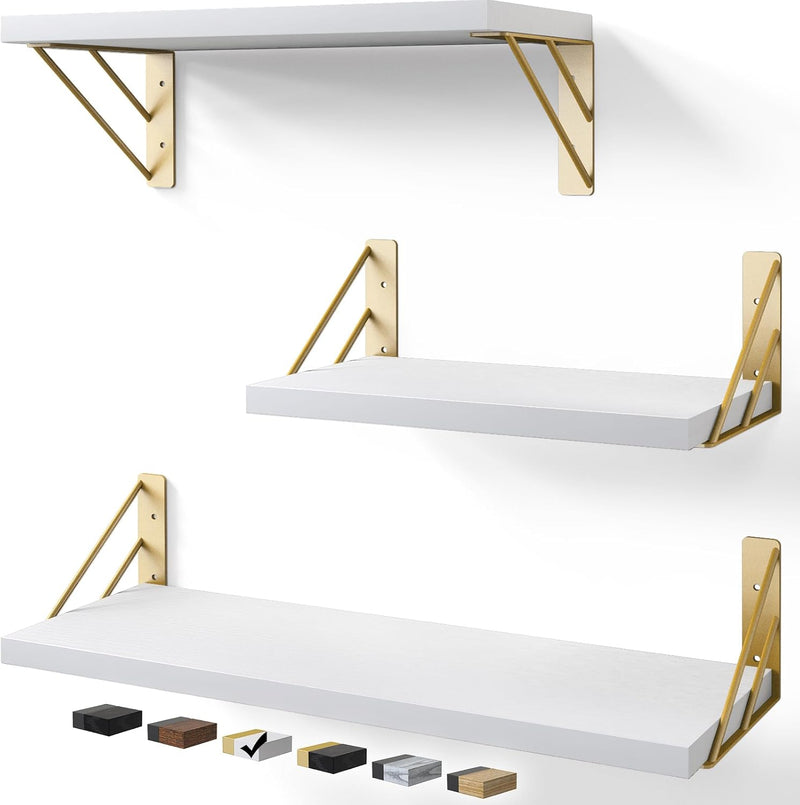 BAYKA | Floating Shelves | Set of 3 | White and Gold-zoom-