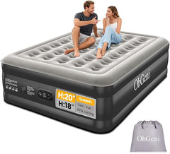 OhGeni 20" Queen Air Mattress with Built in Pump, Inflatable Blow up Bed, Upgraded Pillar Design, 3-Min Inflation Airbed for Guests,Better to Get up, 650LBS - aborderproducts