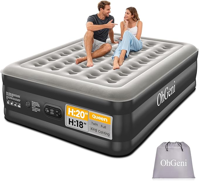 OhGeni 20" Queen Air Mattress with Built in Pump, Inflatable Blow up Bed, Upgraded Pillar Design, 3-Min Inflation Airbed for Guests,Better to Get up, 650LBS