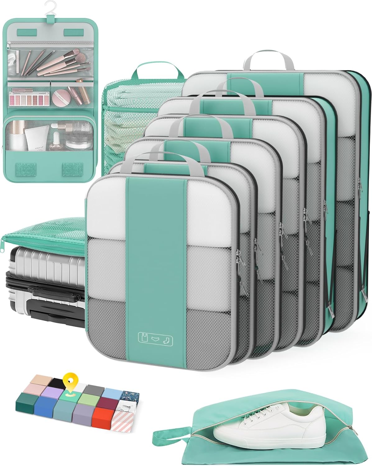 10 Set Compression Packing Cubes for Travel Essentials,Compressible Expandable Packing Cubes for Suitcase,OlarHike Luggage Organizer Bags for Travel,Handy Helper for Organizing Clothes(New Blue Green) - aborderproducts