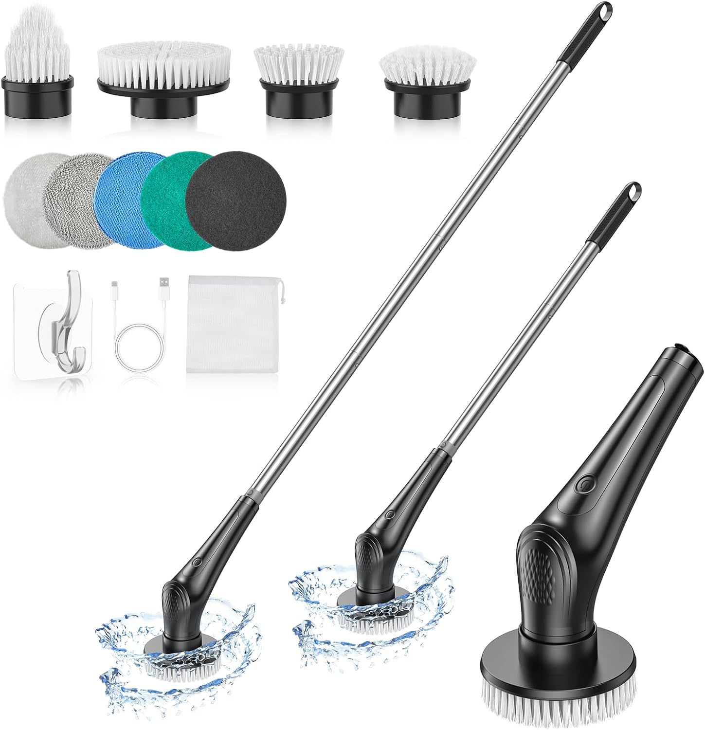 VEKEN ELECTRIC SPIN SCRUBBER, 9 REPLACEABLE BRUSH HEADS| Black