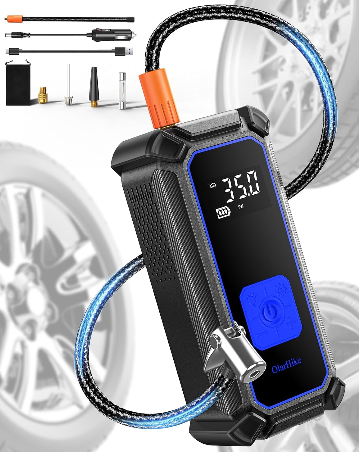 OlarHike Cordless Electric Tire Inflator Portable Air Compressor, Auto Air Pump for Car Tires,SUV,Bicycle, Bike,motorcycle,ball, Tire Inflator with Digital Pressure Gauge, Smart Pump with LED Light, Blue - aborderproducts