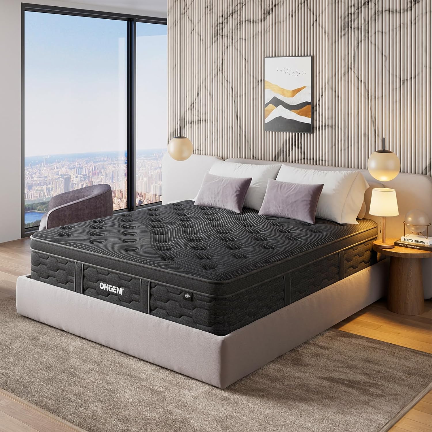 OhGeni | Hybrid Mattress | 14 Inch | Queen  | Black - aborderproducts