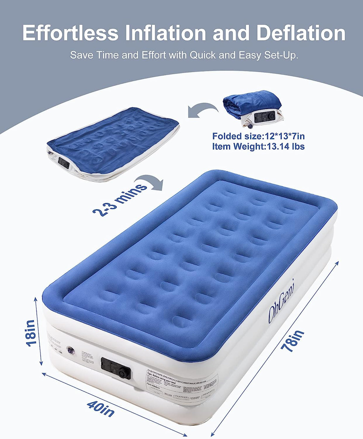 Twin Size Air Mattress|18''|Blue&White|OhGeni - aborderproducts