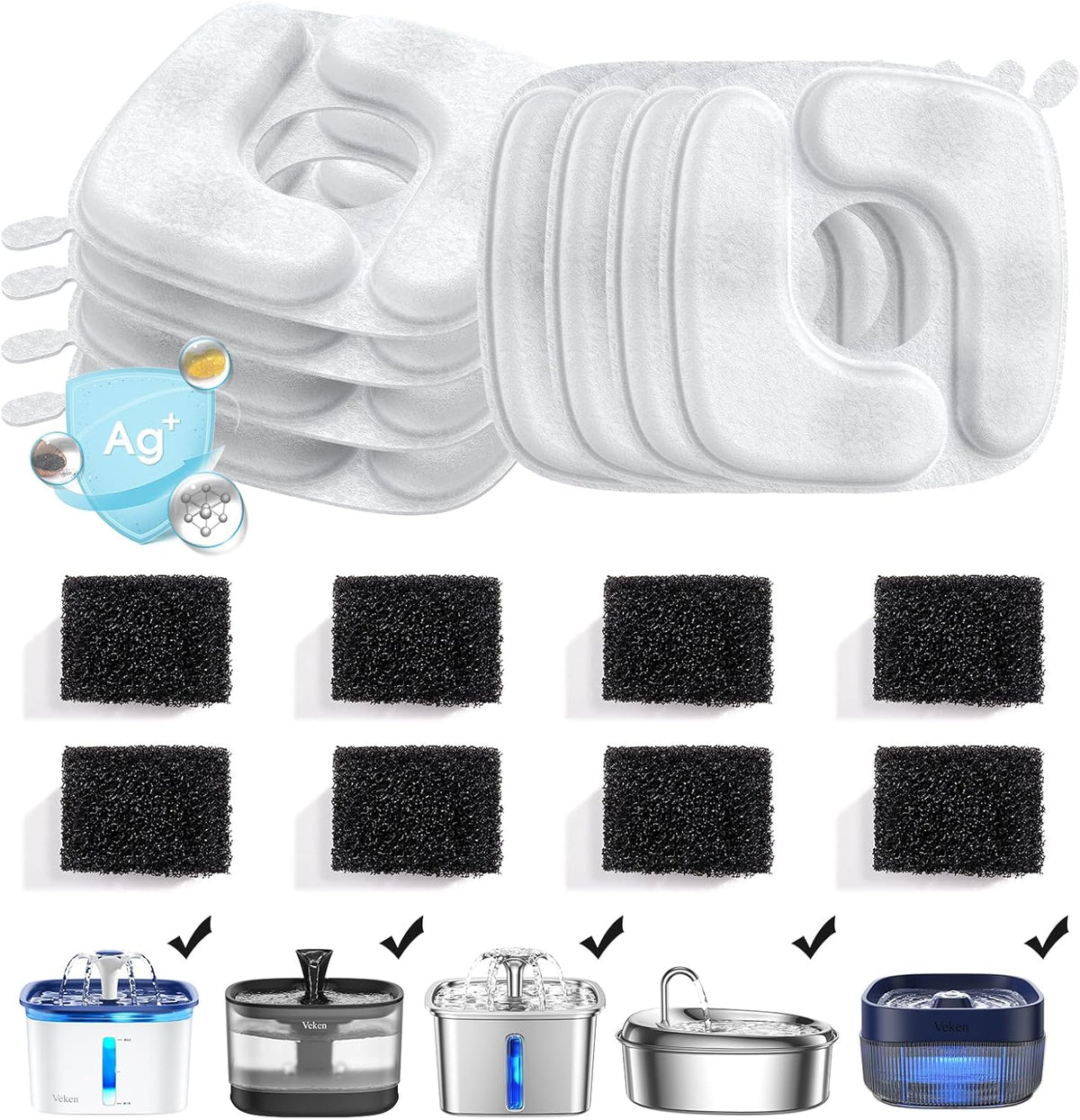 Veken | Cat Water Fountain Filters | 8 Pack Replacement Filters+8 Pack Replacement Pre-Filter Sponges Set