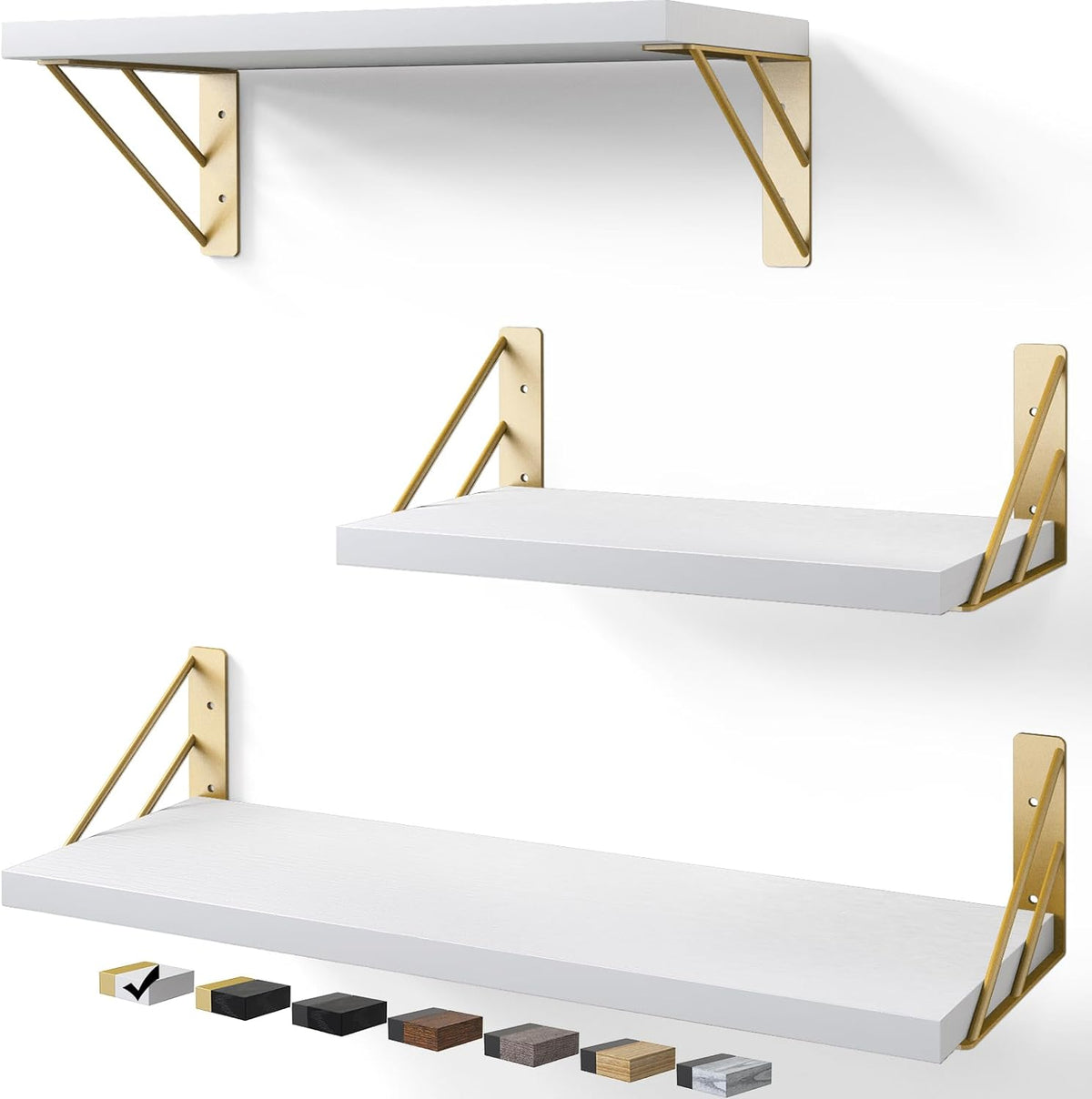 BAYKA Wall Shelves for Bedroom Decor, Floating Wall Shelves-3pcs-White and Gold