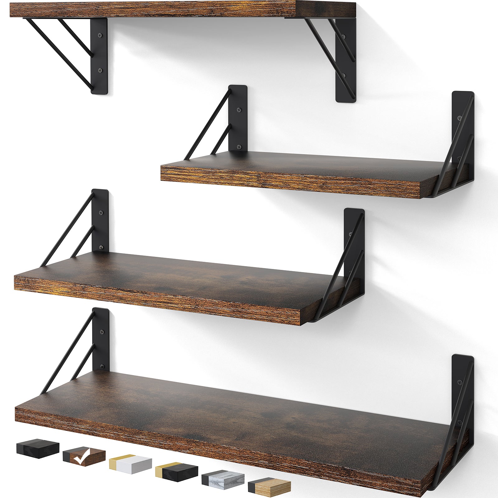 BAYKA | Floating Shelves | Set of 4 | Rustic Brown - aborderproducts