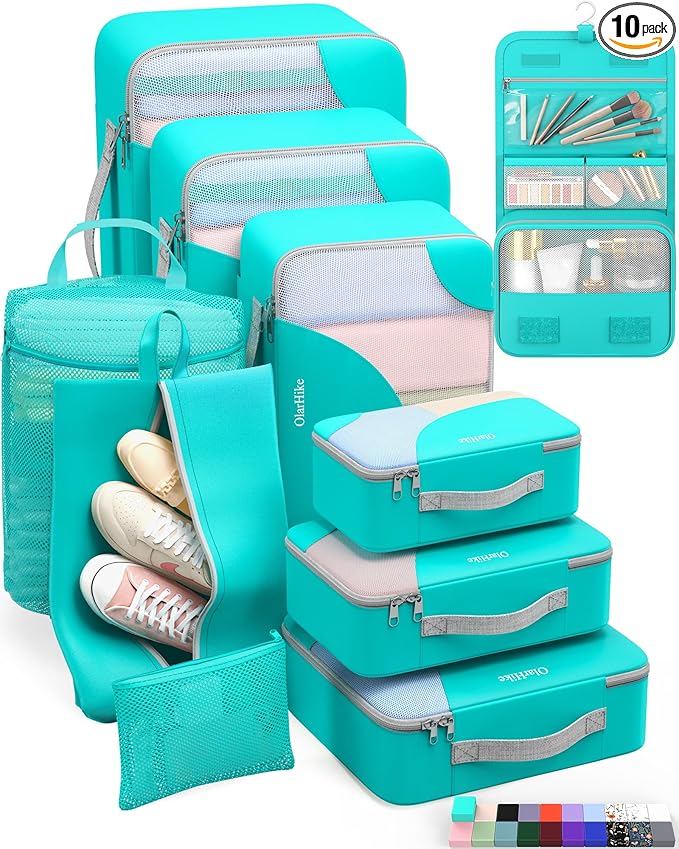 ALL INCLUDED 10 Set Durable Packing Cubes for Suitcases,OlarHike Essentials for Travel,UPGRADED Anti-Tear Stitching, NEW Improved Luggage Packing Organizers for Travel Accessories, Turquoise