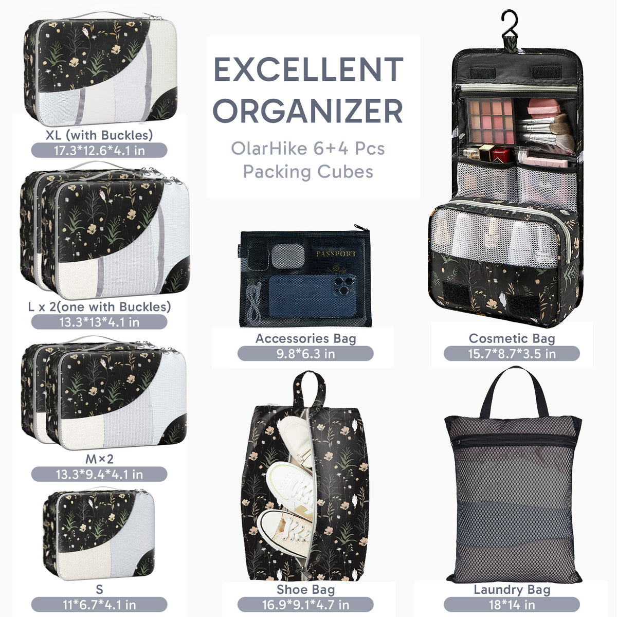 ALL INCLUDED 10 Set Durable Packing Cubes for Suitcases,OlarHike Essentials for Travel,UPGRADED Anti-Tear Stitching, NEW Improved Luggage Packing Organizers for Travel Accessories (Black Flower)