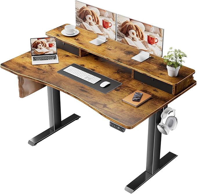 Veken 47.2 Inch Standing Desk with Storage Drawers, Adjustable Height Computer Table with Monitor Shelf, Home Office Desk for Study, Gaming, Workstation, Brown - aborderproducts