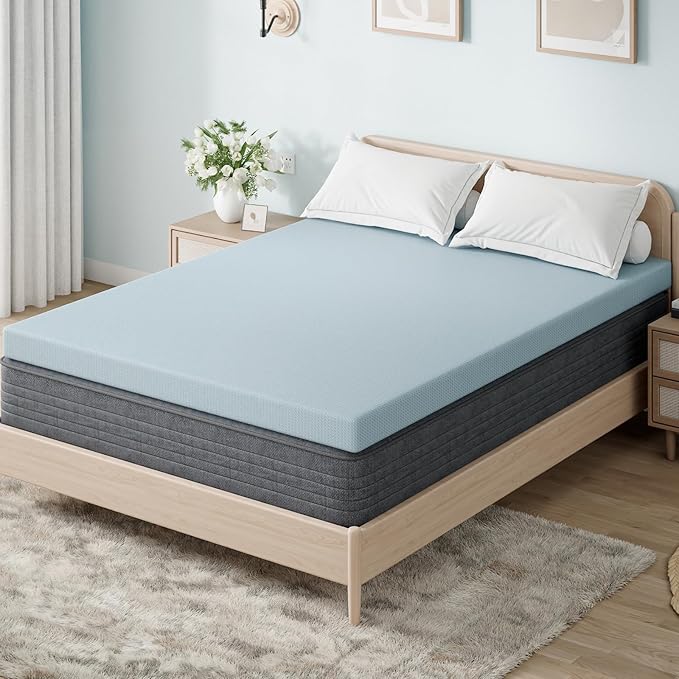 OhGeni 2 Inch Queen Memory Foam Mattress Topper Pad with Cover, Soft Bed Cover with Anti-Slip Base, Enhanced with Cooling Gel，Premium Comfort for Sleep & Back Pain Relief, Removable & Washable - aborderproducts