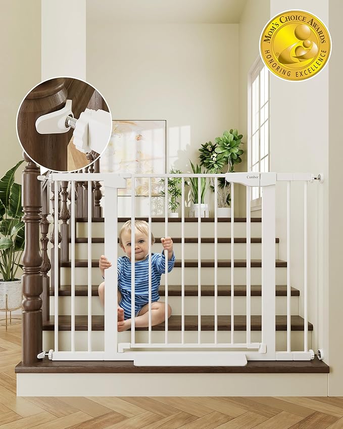 Cumbor 29.7-46" Baby Gate for Stairs, Toddler Safety Essentials for The House, Auto Close Dog Gate for Doorways, Mom's Choice Awards Winner-Easy Install Pressure Mounted Pet Gates for Dogs, White - aborderproducts