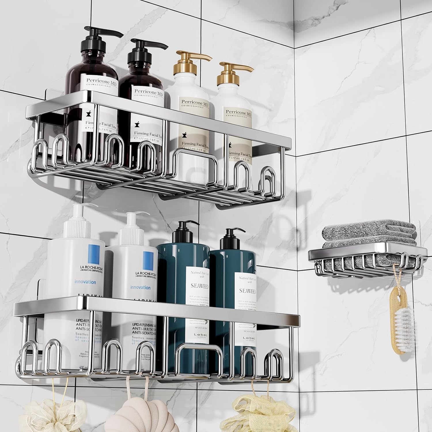 Veken Rustproof & Waterproof Shower Caddy 3-Pack, No Drilling Adhesive Shelves Rack with Soap Holder, Large Capacity Bathroom Organizers and Storage, Wall-Mounted Kitchen & Home Decor, Silver - aborderproducts