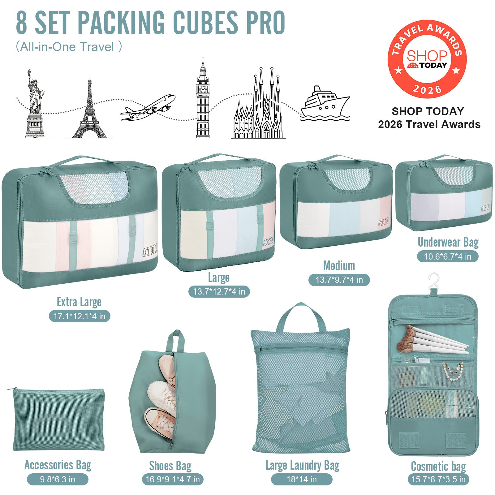 Veken 8 Set Packing Cubes for Travel Essentials, Suitcase Organizer Bags in 4 Sizes, Carry-On Luggage Accessories with Large Laundry & Hanging Toiletry Bag, Must-Have for Airplane, Road Trip & Camping