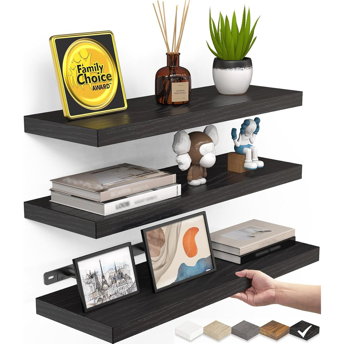 BAYKA Floating Shelves for Wall, Wall Mounted Rustic Wood Shelves for Bathroom, Bedroom, Living Room, Kitchen, Hanging Shelf for Books/Storage/Room Decor with 22lbs Capacity (Black, 3 Set, 15.7in)