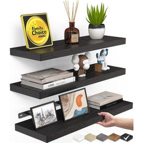 BAYKA Floating Shelves for Wall, Wall Mounted Rustic Wood Shelves for Bathroom, Bedroom, Living Room, Kitchen, Hanging Shelf for Books/Storage/Room Decor with 22lbs Capacity (Black, 3 Set, 15.7in)