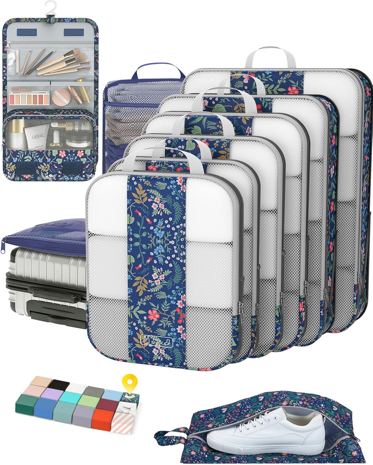 OlarHike | Compression Packing Cubes | 10 Set | Dark Blue Floral - aborderproducts