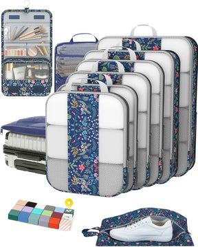 OlarHike | Compression Packing Cubes | 10 Set | Dark Blue Floral - aborderproducts