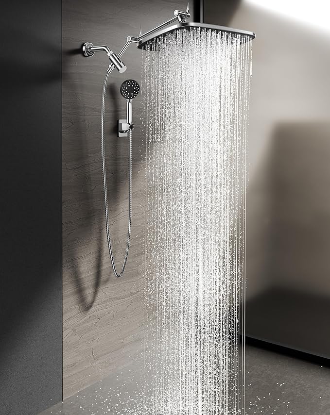 Veken 14" Wide Rain Shower Head with Handheld, High Pressure Handheld Shower Heads with Multi Spray Modes, Rainfall Combo with Metal Extension Arm,Detachable Dual Shower, Extra Long Hose,Silver Chrome