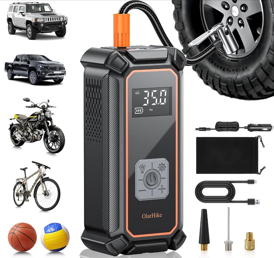 Change title: OlarHike Cordless Electric Tire Inflator Portable Air Compressor, Auto Air Pump for Car Tires,SUV,Bicycle, Bike,motorcycle,ball, Tire Inflator with Digital Pressure Gauge, Smart Pump with LED Light, Gray - aborderproducts