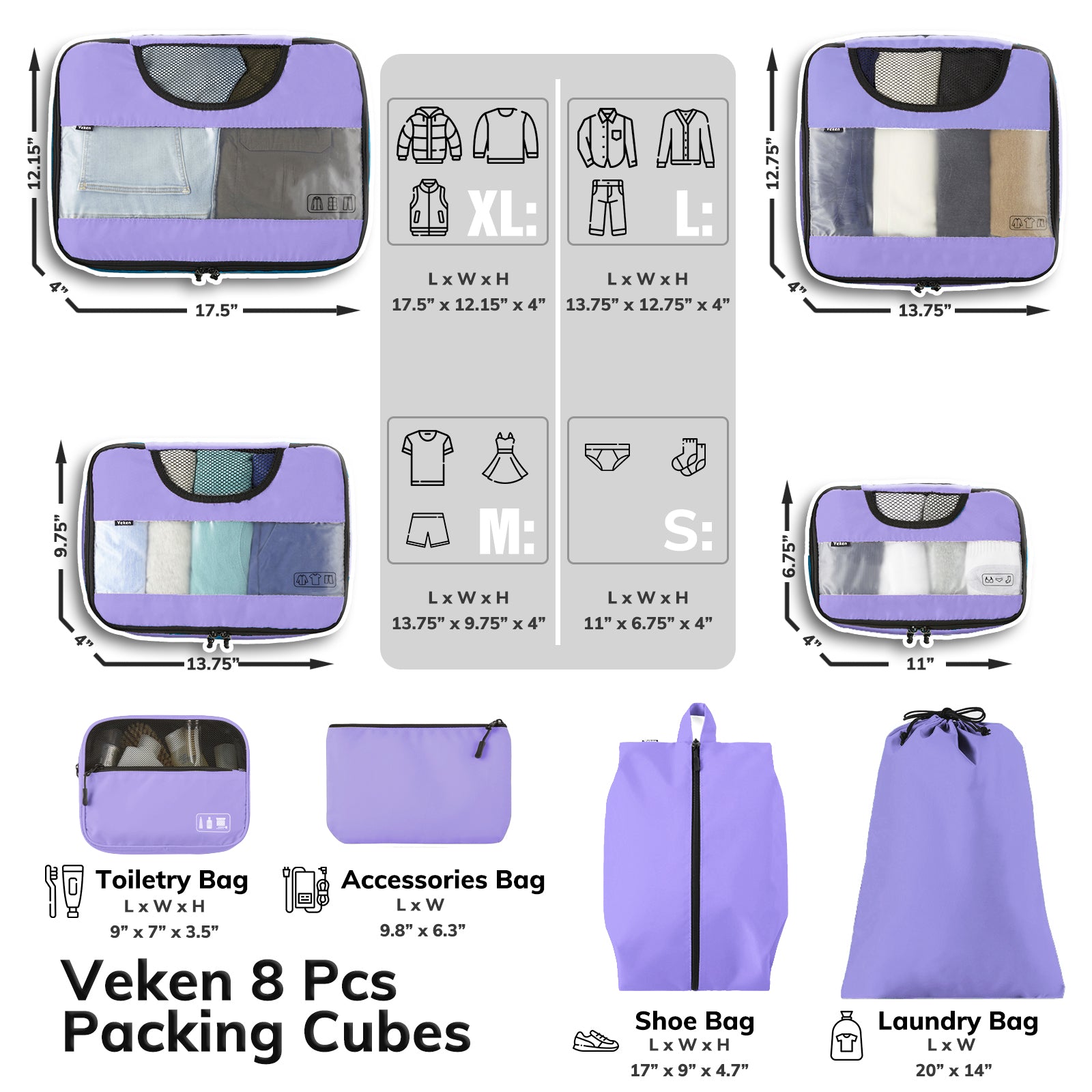 Packing Cubes | 8 Set | Lilac Color  | Veken - aborderproducts
