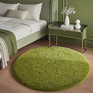 Ophanie Round Rug 4Ft Green Circle Area Rug, Green Room Decor, Fluffy Fuzzy Bedroom Carpet, Plush Soft Shaggy Living Room Rugs for Kids Home Decor Aesthetic, Nursery
