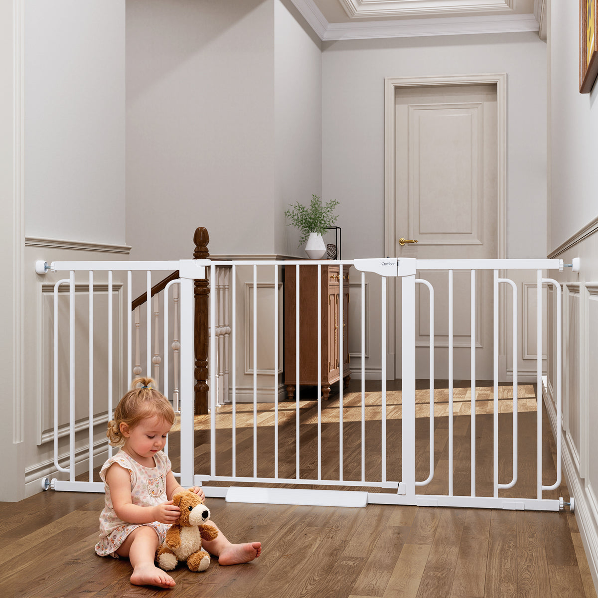Cumbor Extra Wide Baby Gate, 36.6-69" Walk-Through Dog Gate for Stairs, Doorways & Hallways, 30.5“ Tall, Auto-Close & Dual-Swing Safety Child Gate Indoor, Easy Install Pressure-Mounted Pet Gate, White - aborderproducts