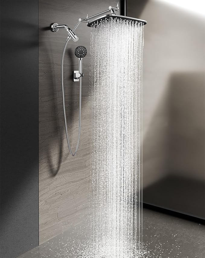 Wide Rain Shower Head with Handheld, High Pressure Handheld Shower Heads with Multi Spray Modes, Rainfall Combo with 15" Metal Extension Arm,Detachable Dual Shower, Extra Long 6 ft. Hose,Silver Chrome-zoom-1