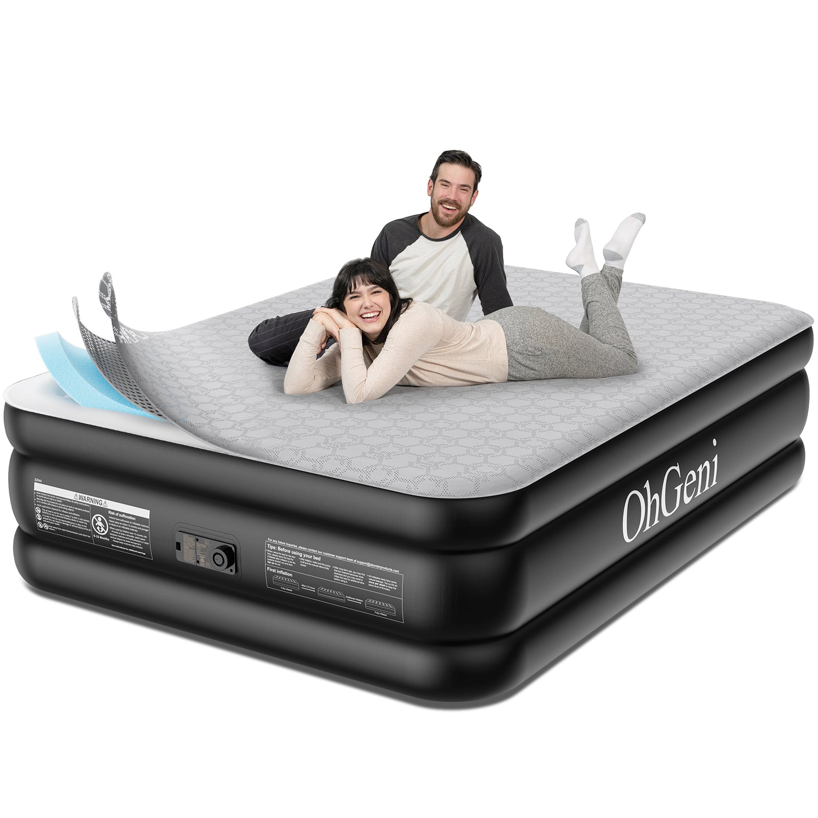 OhGeni |  Air Mattress with Silk Foam Topper  |  Queen | 18" | Black - aborderproducts