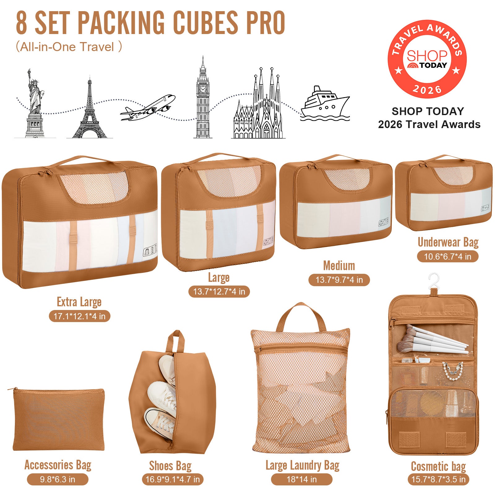 Veken 8 Set Packing Cubes for Travel Essentials, Suitcase Organizer Bags in 4 Sizes, Carry-On Luggage Accessories with Large Laundry & Hanging Toiletry Bag, Must-Have for Airplane, Road Trip & Camping (Copy)
