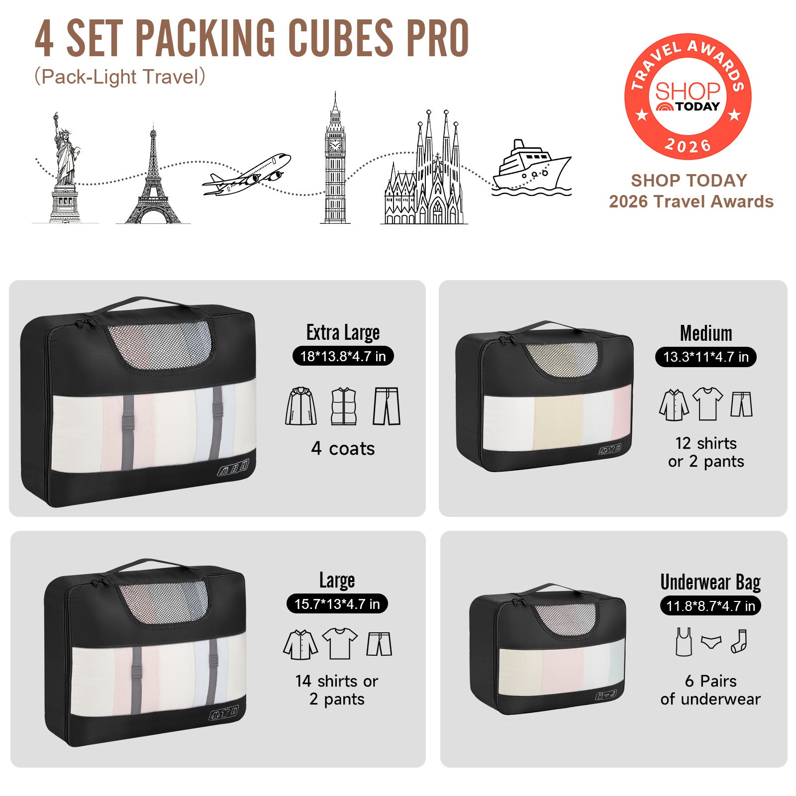 Veken 10 Set/8 Set Packing Cubes for Travel Essentials,Anti-Wrinkle Buckled Suitcase Organizer for Shoe & Toiletry Bag,Carry On Luggage Bag for Airplane & College Dorm Room Accessories,Women Men Gifts-10