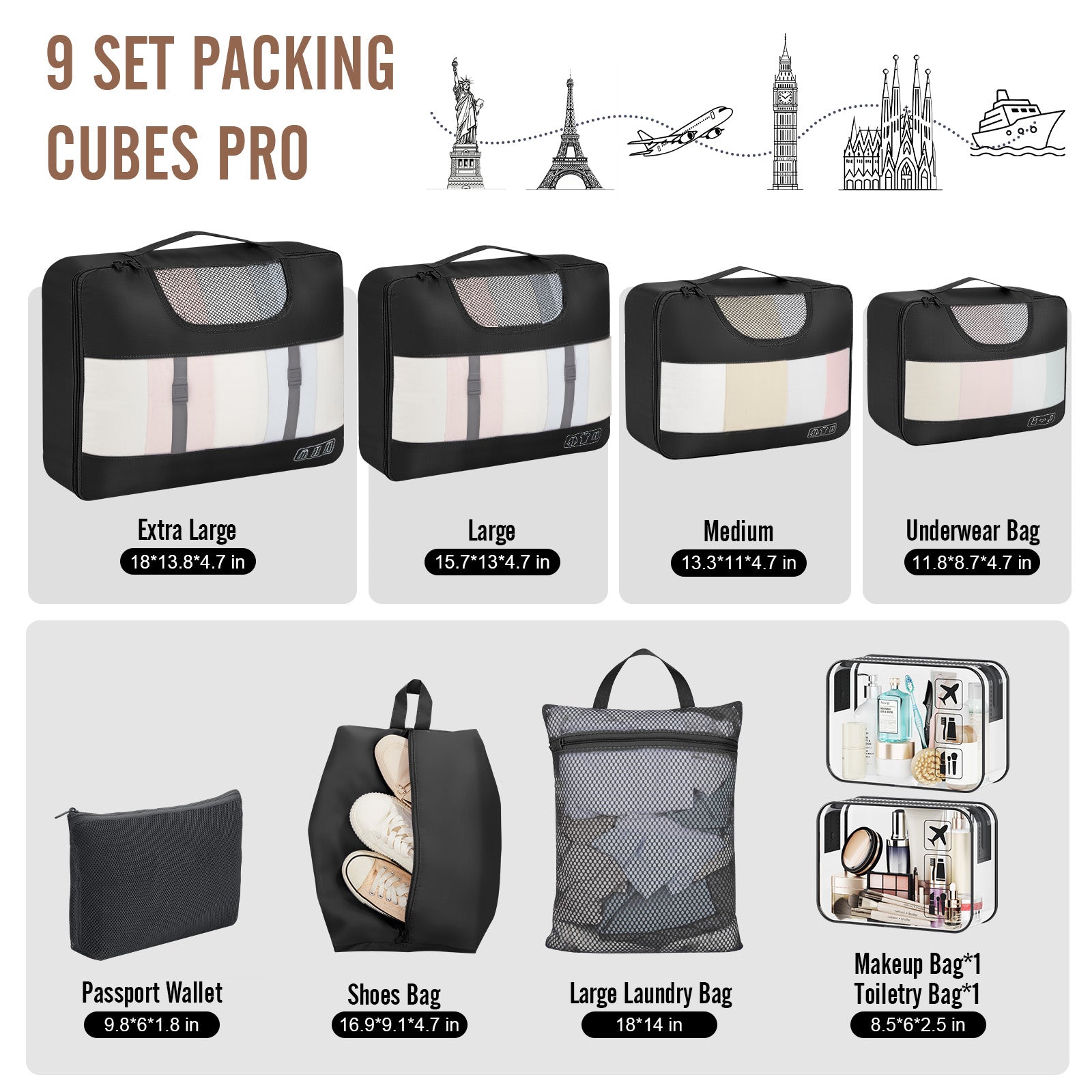 Veken 10 Set/8 Set Packing Cubes for Travel Essentials,Anti-Wrinkle Buckled Suitcase Organizer for Shoe & Toiletry Bag,Carry On Luggage Bag for Airplane & College Dorm Room Accessories,Women Men Gifts-18