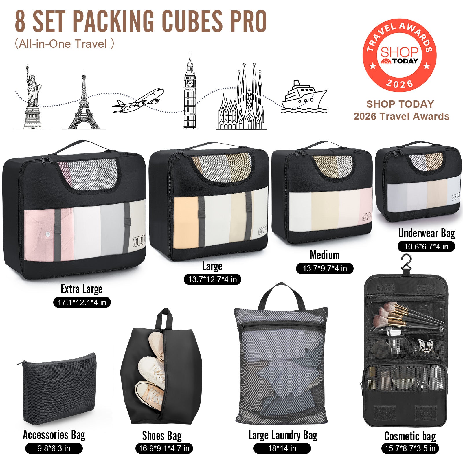Veken 10 Set/8 Set Packing Cubes for Travel Essentials,Anti-Wrinkle Buckled Suitcase Organizer for Shoe & Toiletry Bag,Carry On Luggage Bag for Airplane & College Dorm Room Accessories,Women Men Gifts-44